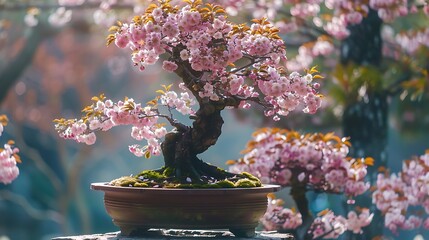 Bonsai trees and cherry blossoms in bloom