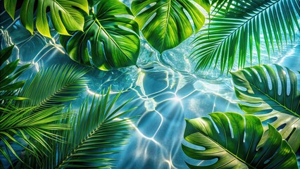 Tropical leaves, light and shadow, sparkling water surface create a natural pattern , tropical, leaves, light, shadow