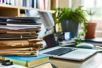 Laptop and folders on white table