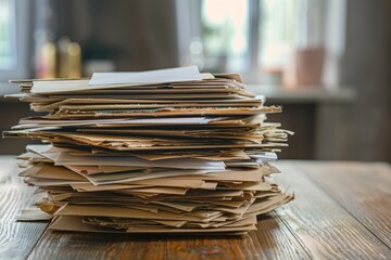 Large amount of mail and papers on wooden table