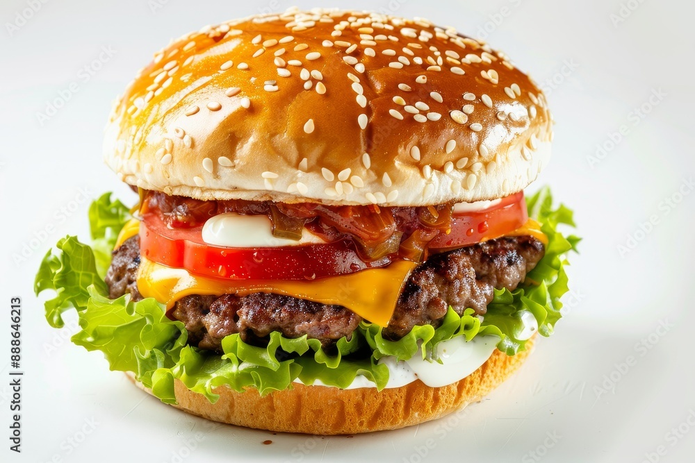 Poster Large hamburger with beef cheese tomato and tartar sauce