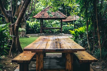 Large wooden table in garden