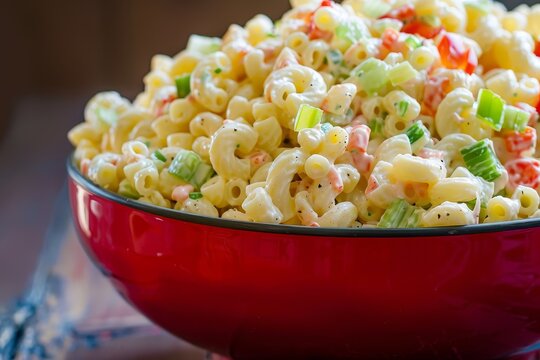 Large red bowl with Amish macaroni salad made with Gemelli pasta celery and bell pepper Space for text in corner