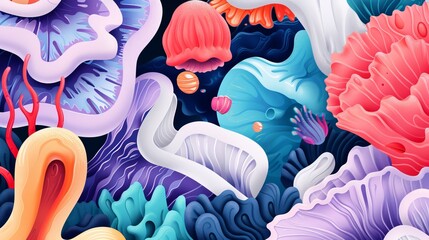 A detailed surreal drawing of an underwater dreamscape, where sea creatures are fused with mechanical elements and vibrant coral structures, flat design illustration