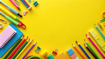 Fototapeta premium Top view of colorful stationery items on a yellow background , stationery, notepads, pens, colored pencils