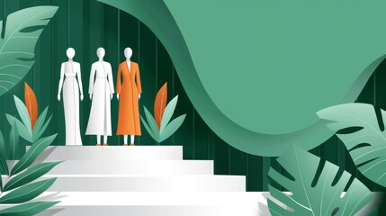 A creative fashion show with models wearing innovative, organic-inspired designs made from sustainable materials, set in a futuristic environment, flat design illustration