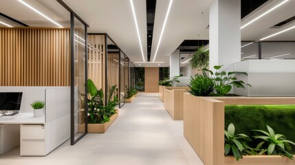 Obraz premium A creative workspace with a blend of organic elements like indoor plants and innovative design features, fostering a productive and natural environment