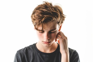 Lonely teenage boy on white background