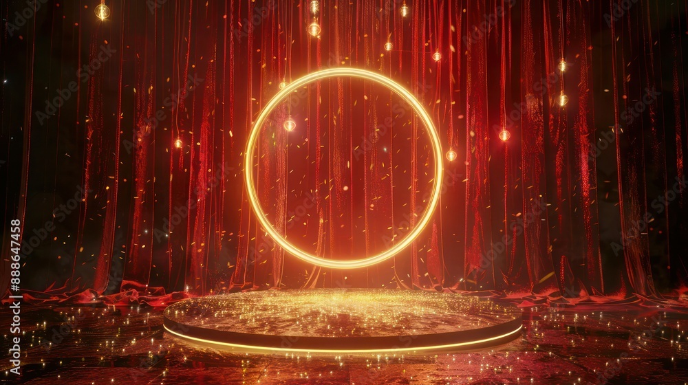 Poster beautiful luxury red curtain and glitter. golden shiny circle frame and platform with round flashing