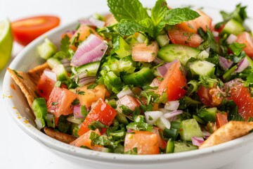 Low view of Arabic Lebanese Fattoush Salad cold appetizers on white background