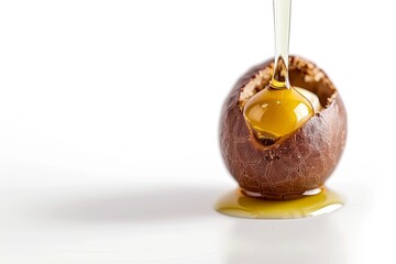 Macadamia nut oil dripping on white background