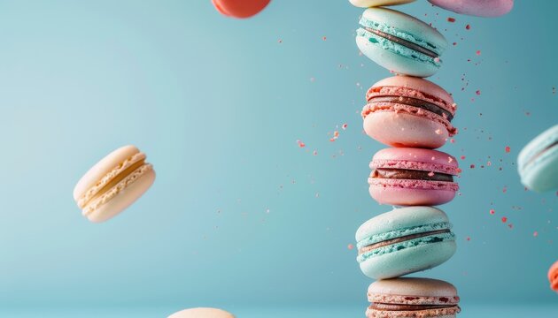 Macaroons macarons in various colors falling flying on blue background