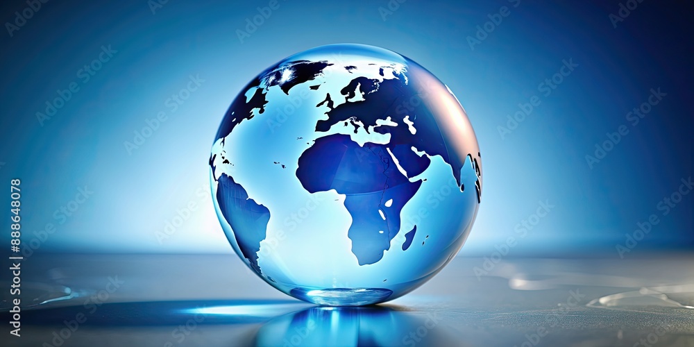 Sticker Glass globe with blue continents, symbolizing Earth's beauty and preciousness, blue, globe, continents, world, planet, map