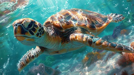 Fototapeta premium Turtle Swimming in Beautiful Coral Reef Waters