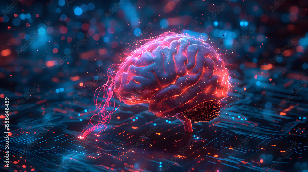 Poster a digital rendering of a glowing brain connected to a futuristic circuit board, symbolizing ai and t