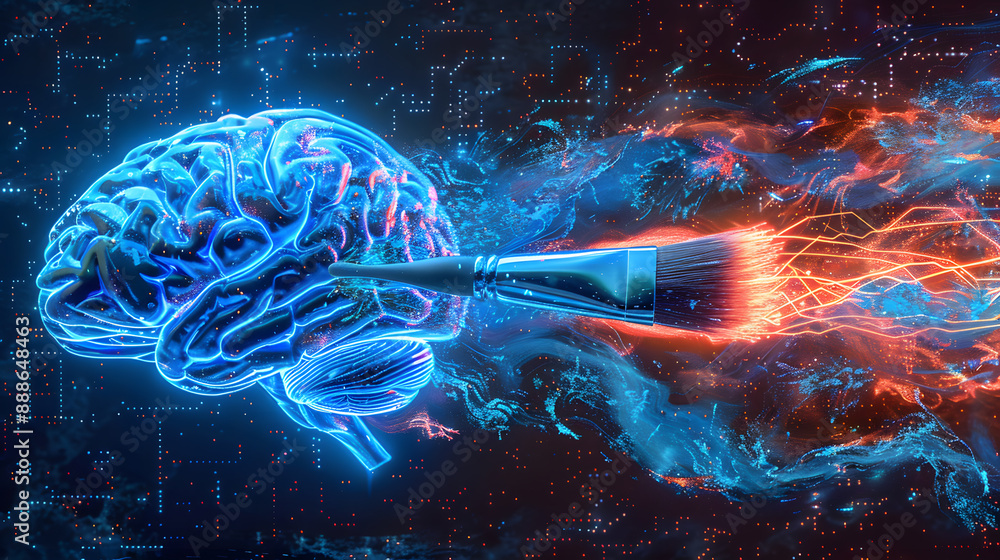 Poster a digital illustration of a brain with a brushstroke symbolizes the fusion of creativity and technol