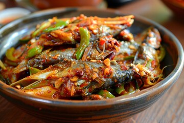 Malaysian dish with anchovy and stink bean in hot chili sauce called sambal petai ikan bilis
