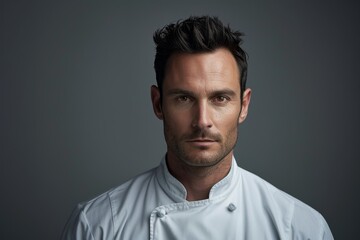 Male chef photo on gray backdrop