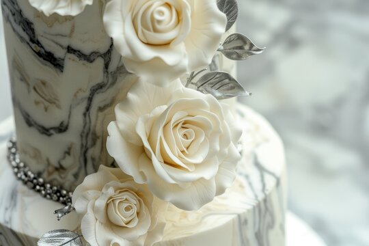 Marble wedding cake with wafer rose flowers and silver accents 3 tiered