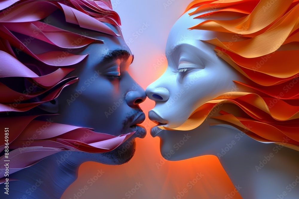 Poster mesmerizing surreal digital artwork with vivid colors showing two abstract faces blending with dynam