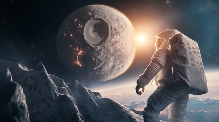 A dynamic space exploration scene with astronauts encountering a colossal, ancient alien artifact in the vastness of space