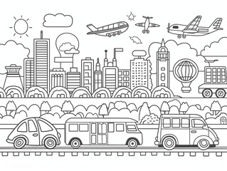 A coloring page of  illustration depicting a bustling city with various transportation modes including cars, buses, airplanes, and a hot air balloon, set against an urban skyline and a clear sky