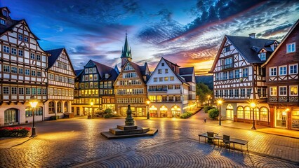 Obraz premium Vibrant night view of Attendorn city center with illuminated buildings and streets , Attendorn, Innenstadt, night