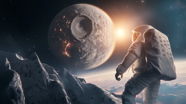 A dynamic space exploration scene with astronauts encountering a colossal, ancient alien artifact in the vastness of space