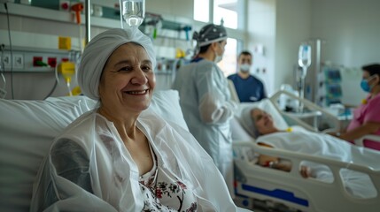 Obraz premium A cheerful patient in a hospital recovery ward enjoys a moment of positivity, surrounded by attentive healthcare professionals, highlighting the supportive and compassionate care environment