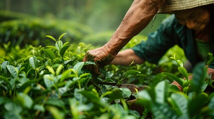Worker harvesting tender tea shoots in a traditional tea field