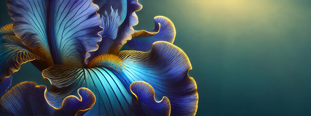 Obraz premium Close-Up of Deep Blue Iris Petals with Gold Accents on Purple to Green Gradient Background, Floral banner with copy space