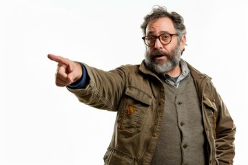 Fototapeta premium Middle aged teacher pointing at isolated object on white background
