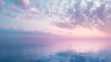 Fototapeta premium A serene scene of a pastel-colored sunset casting a gentle glow over the calm ocean, with soft clouds reflecting the tranquil hues of dusk