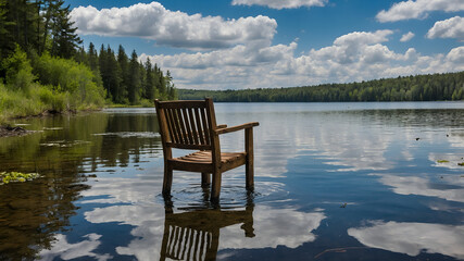 Naklejka premium Chair by the Calm Lake with Fishing Rod and Reflection