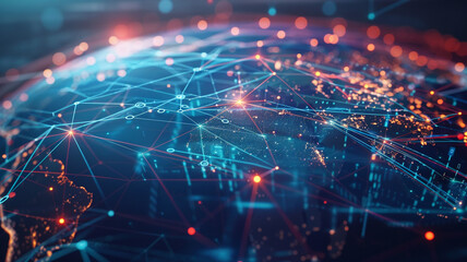 Fototapeta premium A close up of a globe with lines and dots tech background. globe close-up, tech background, globe with lines and dots, global network, digital globe, technology background, data visualization,