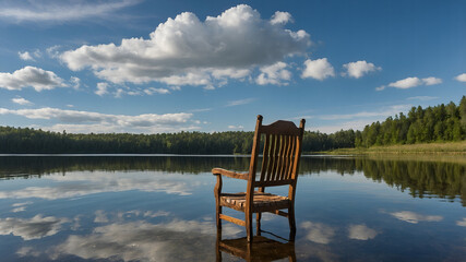 Naklejka premium Chair by the Calm Lake with Fishing Rod and Reflection