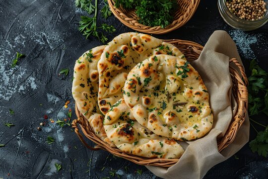 Mint or garlic naan butter naan tandoori in a basket on table top view of Bangladeshi cuisine