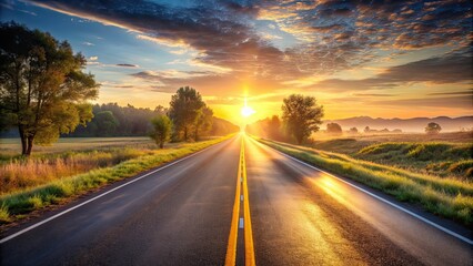 Naklejka premium American road at sunrise with soft golden light shining on the pavement, sunrise, road, American, highway, morning