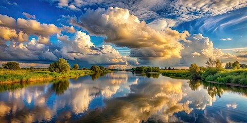 Fototapeta premium Majestic time clouds forming over a serene river , time, clouds, sky, river, scenic, tranquil, nature, weather