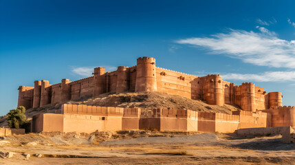 The Impressive Fortress: An Awe-inspiring View of a Timeless Citadel against a Blue Sky