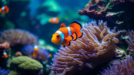 Clown Fish Swimming Among Colorful Corals in Ocean