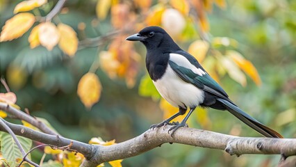 Obraz premium Magpie bird perched on autumn tree branch among leaves, blurred background, magpie, bird, autumn, tree branch, leaves