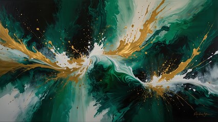 A shimmering painting of emerald green, liquid gold, and white dances across a canvas like a celestial ballet, accented by wisps of captivating white that seem to float ethereally above the surface. T