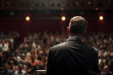 Eloquent Politician Commanding the Stage with Charisma and Eloquence, Demonstrating Leadership and Oratory Skills in a Political Debate to a Captivated Audience.