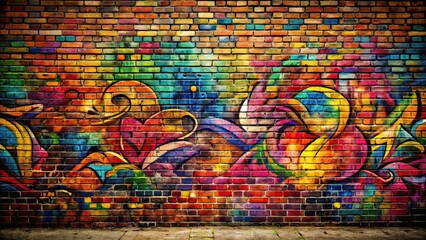 Grunge brick wall covered in colorful graffiti artwork, urban, street art, edgy, vandalism, decay, spray paint