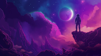 Obraz premium Game space planet with neon color and galaxy background, Illustration