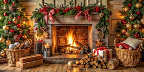 Cozy fireplace with crackling firewood and festive decorations, warmth, cozy, holiday, home, fireplace, flames, flames, Christmas, winter