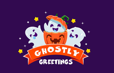 Halloween greetings with kawaii ghost characters. Vector banner or card with cute baby souls and pumpkin with sweet smiles and playful expressions, adding a delightful touch to spooky festivities