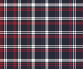 Plaid pattern, navy blue, red, white, seamless for textiles and design clothing, skirts, pants, aprons, tablecloths, blankets or decorative fabrics. Vector illustration.