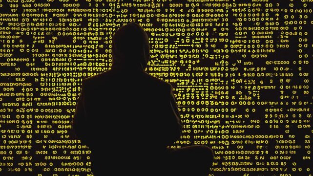 Silhouette of a Hacker on a background of code. Cybersecurity. Generated by AI